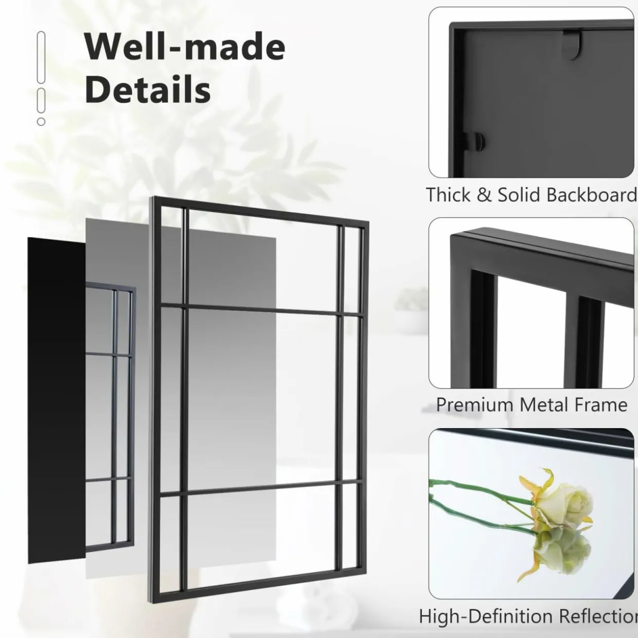 Tangkula 28" x 40" Rectangle Window Mirror, 3-Layered Modern Mirror with Metal Frame