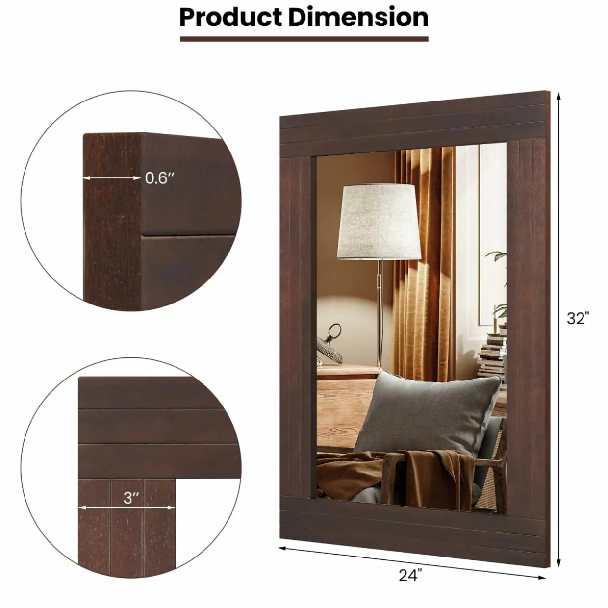 Tangkula 24" x 32" Wood Mirror for Wall, Wall Mounted Rectangular Decorative Mirror for Bathroom Living Room