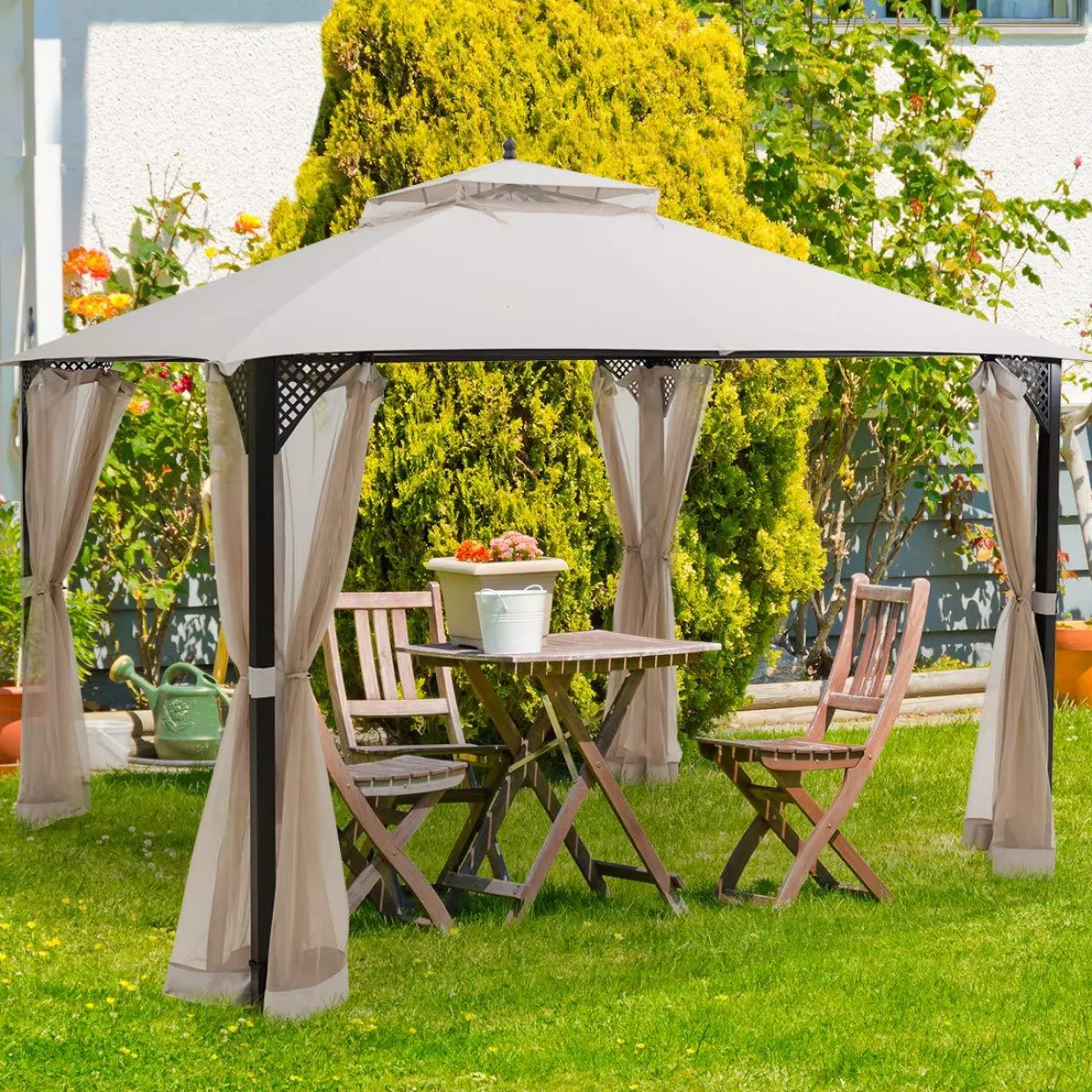 Tangkula 12 X 10FT Patio Gazebo, Air-Ventilated Canopy Party Tent w/Dual-Tiered Top for Backyard Garden Lawn