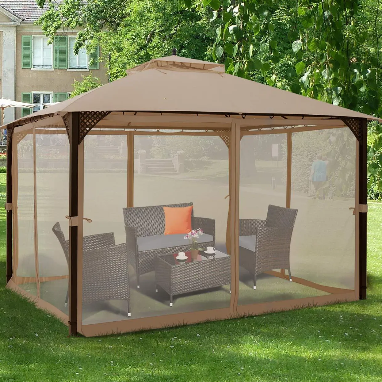 Tangkula 12 X 10FT Patio Gazebo, Air-Ventilated Canopy Party Tent w/Dual-Tiered Top for Backyard Garden Lawn