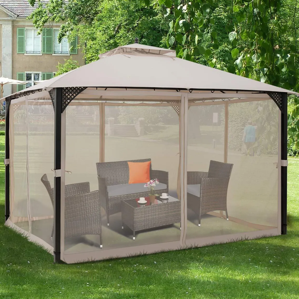 Tangkula 12 X 10FT Patio Gazebo, Air-Ventilated Canopy Party Tent w/Dual-Tiered Top for Backyard Garden Lawn