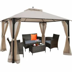 Tangkula 12 X 10FT Patio Gazebo, Air-Ventilated Canopy Party Tent w/Dual-Tiered Top for Backyard Garden Lawn