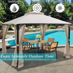 Tangkula 12 X 10FT Patio Gazebo, Air-Ventilated Canopy Party Tent w/Dual-Tiered Top for Backyard Garden Lawn