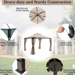 Tangkula 12 X 10FT Patio Gazebo, Air-Ventilated Canopy Party Tent w/Dual-Tiered Top for Backyard Garden Lawn