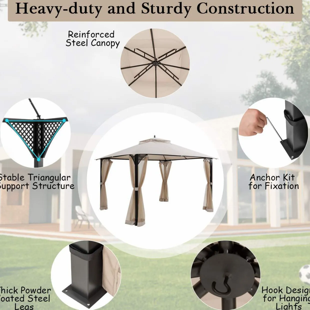 Tangkula 12 X 10FT Patio Gazebo, Air-Ventilated Canopy Party Tent w/Dual-Tiered Top for Backyard Garden Lawn
