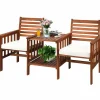 Tangkula Acacia Wood Loveseat, 3pcs Outdoor Table Chairs Set (White)