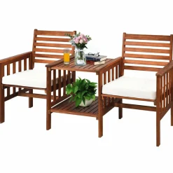 Tangkula Acacia Wood Loveseat, 3pcs Outdoor Table Chairs Set (White)