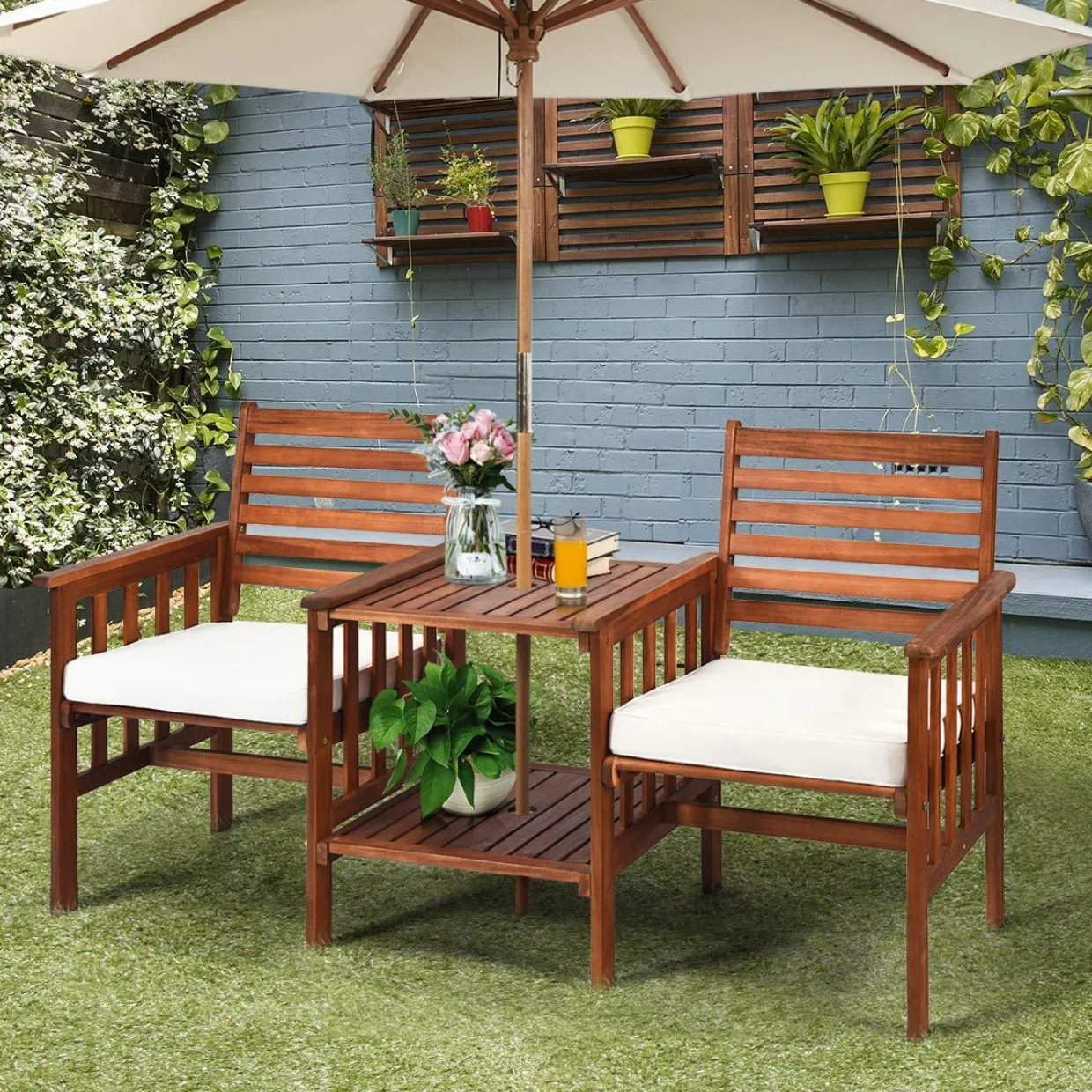 Tangkula Acacia Wood Loveseat, 3pcs Outdoor Table Chairs Set (White)