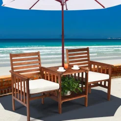 Tangkula Acacia Wood Loveseat, 3pcs Outdoor Table Chairs Set (White)