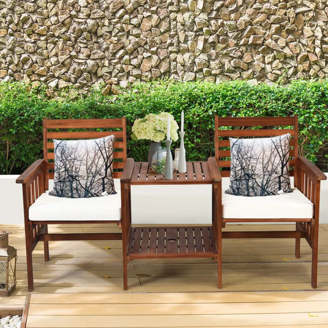 Tangkula Acacia Wood Loveseat, 3pcs Outdoor Table Chairs Set (White)