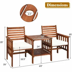 Tangkula Acacia Wood Loveseat, 3pcs Outdoor Table Chairs Set (White)
