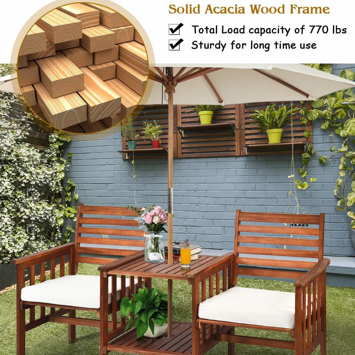 Tangkula Acacia Wood Loveseat, 3pcs Outdoor Table Chairs Set (White)