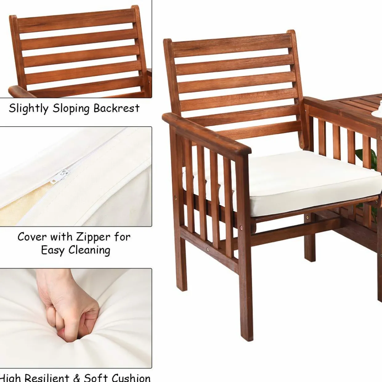Tangkula Acacia Wood Loveseat, 3pcs Outdoor Table Chairs Set (White)