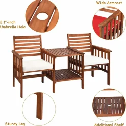 Tangkula Acacia Wood Loveseat, 3pcs Outdoor Table Chairs Set (White)