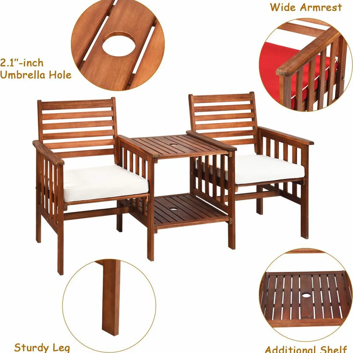 Tangkula Acacia Wood Loveseat, 3pcs Outdoor Table Chairs Set (White)