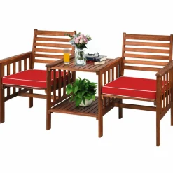 Tangkula Acacia Wood Loveseat, 3pcs Outdoor Table Chairs Set (White)