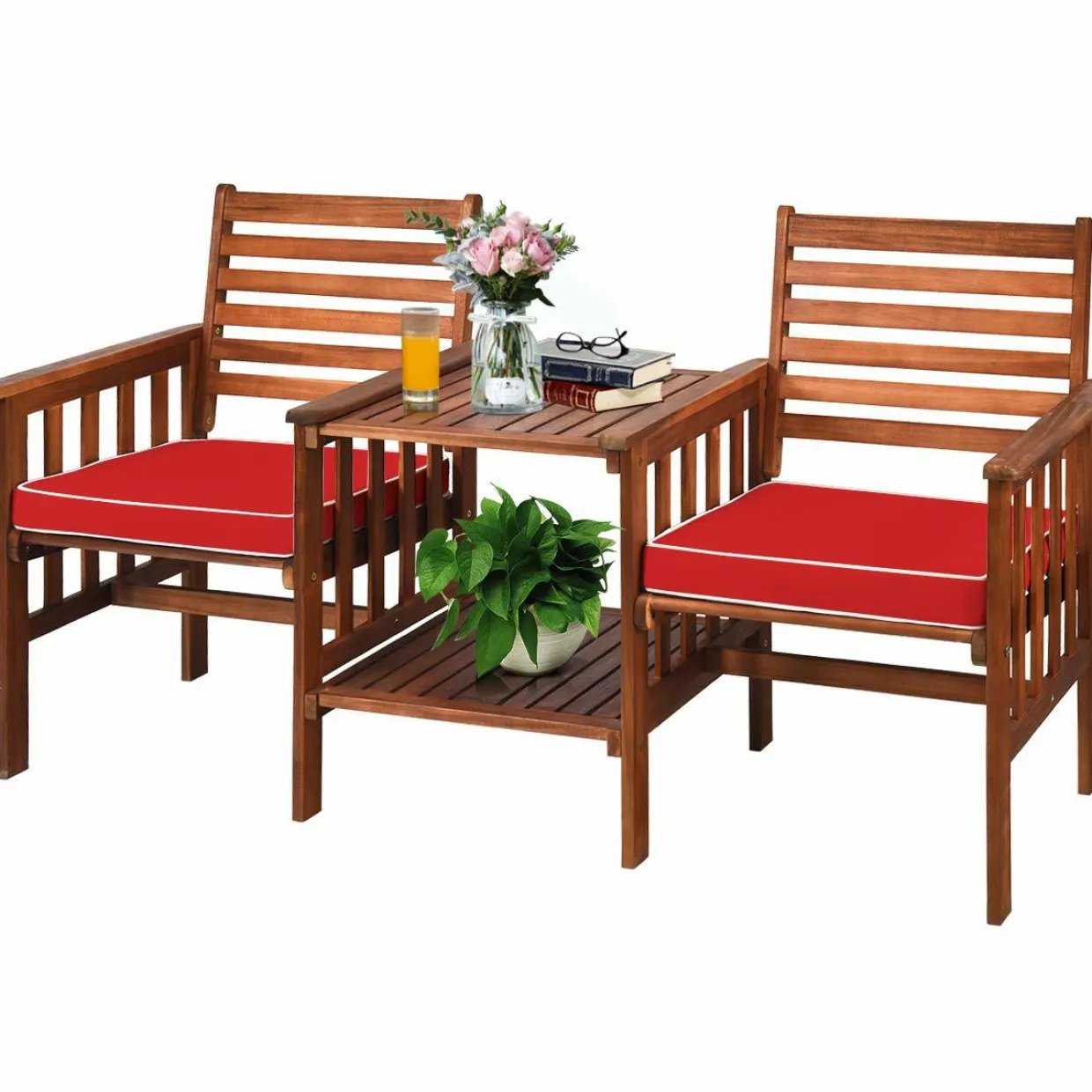 Tangkula Acacia Wood Loveseat, 3pcs Outdoor Table Chairs Set (White)
