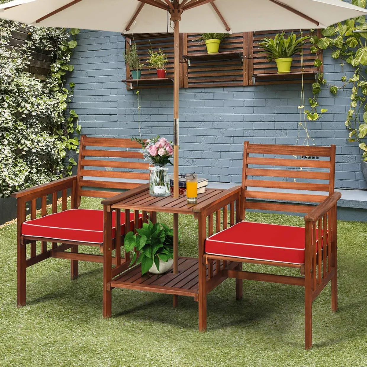 Tangkula Acacia Wood Loveseat, 3pcs Outdoor Table Chairs Set (White)