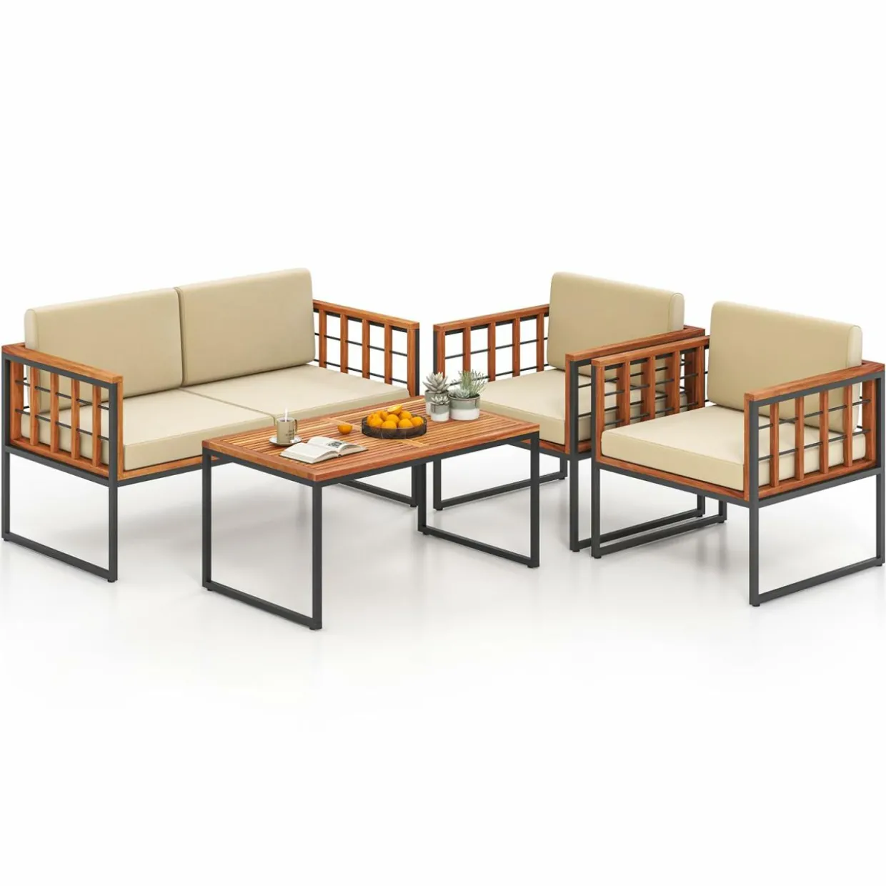 Tangkula Acacia Wood Outdoor Sofa Set, 4 Pieces Outdoor Furniture Set with Heavy Duty Metal Frame