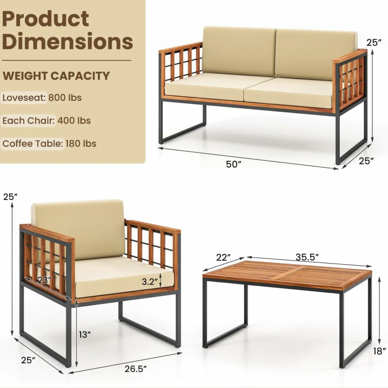 Tangkula Acacia Wood Outdoor Sofa Set, 4 Pieces Outdoor Furniture Set with Heavy Duty Metal Frame