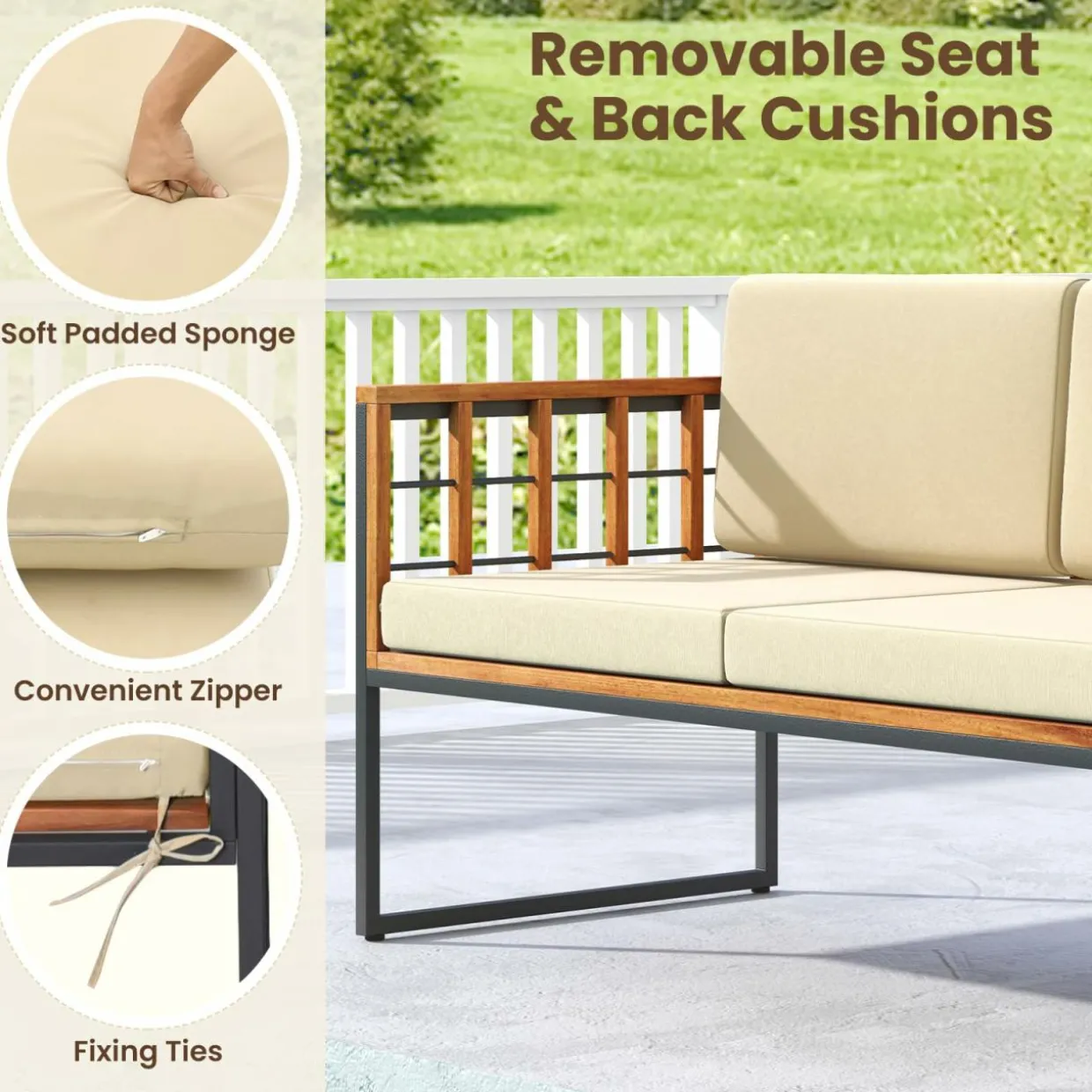 Tangkula Acacia Wood Outdoor Sofa Set, 4 Pieces Outdoor Furniture Set with Heavy Duty Metal Frame
