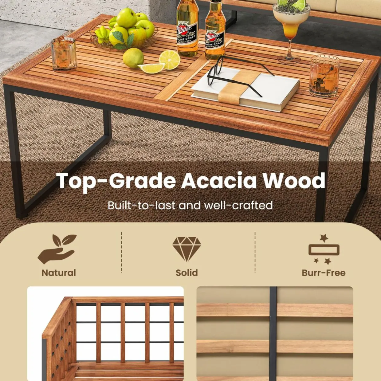 Tangkula Acacia Wood Outdoor Sofa Set, 4 Pieces Outdoor Furniture Set with Heavy Duty Metal Frame