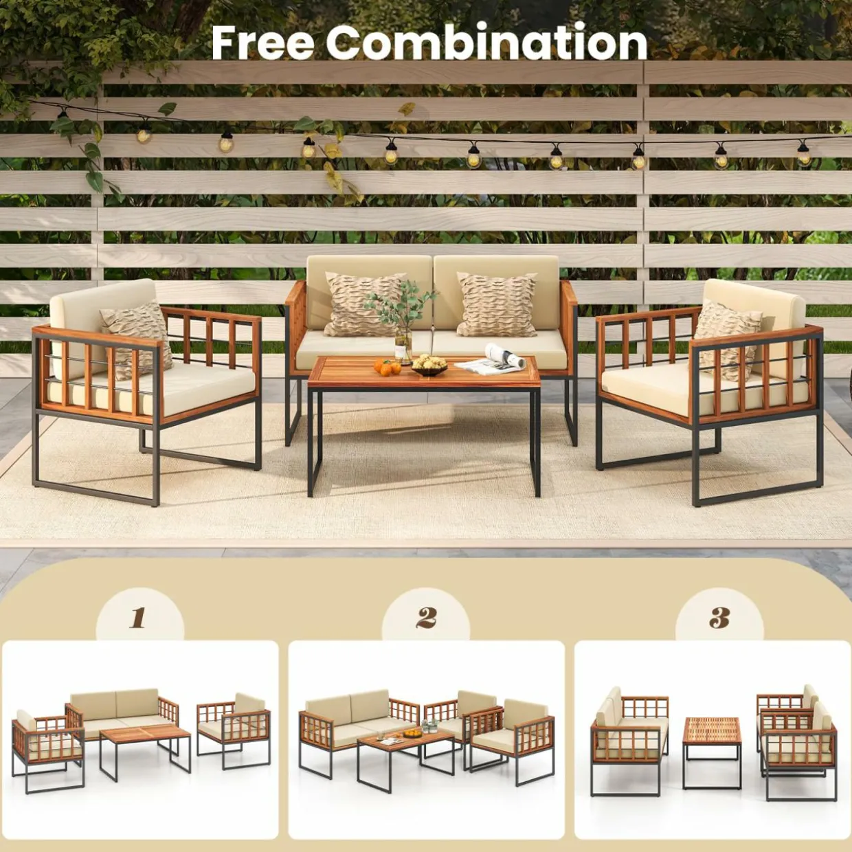 Tangkula Acacia Wood Outdoor Sofa Set, 4 Pieces Outdoor Furniture Set with Heavy Duty Metal Frame