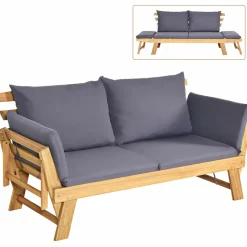 Tangkula Acacia Wood Patio Convertible Couch Sofa Bed with Adjustable Armrest