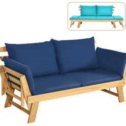 Tangkula Acacia Wood Patio Convertible Couch Sofa Bed with Adjustable Armrest