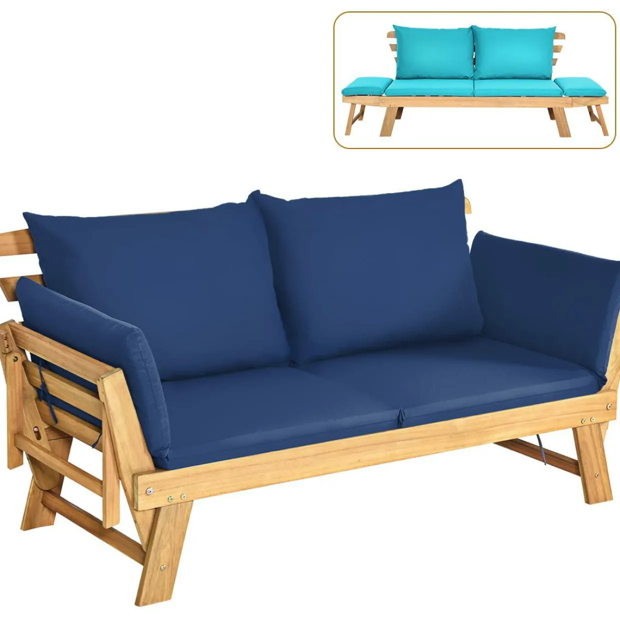 Tangkula Acacia Wood Patio Convertible Couch Sofa Bed with Adjustable Armrest