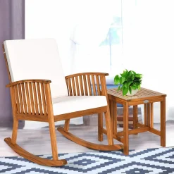 Tangkula Acacia Wood Patio Bistro Set, Outdoor Rocking Chair with Table