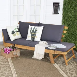 Tangkula Acacia Wood Patio Convertible Couch Sofa Bed with Adjustable Armrest