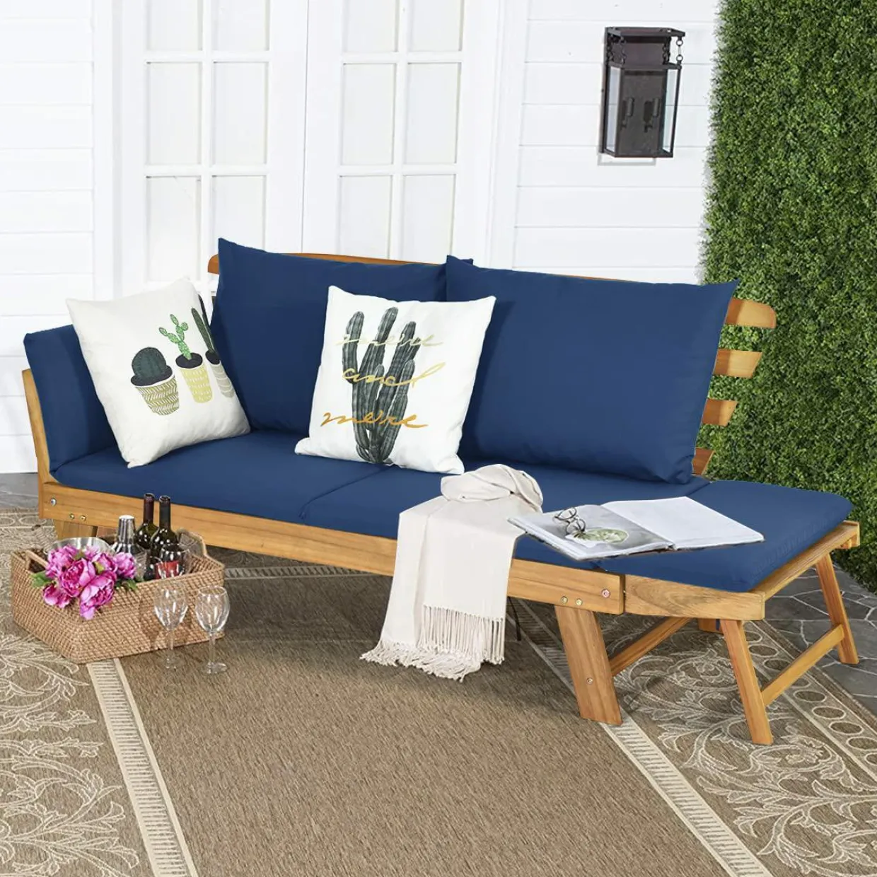 Tangkula Acacia Wood Patio Convertible Couch Sofa Bed with Adjustable Armrest