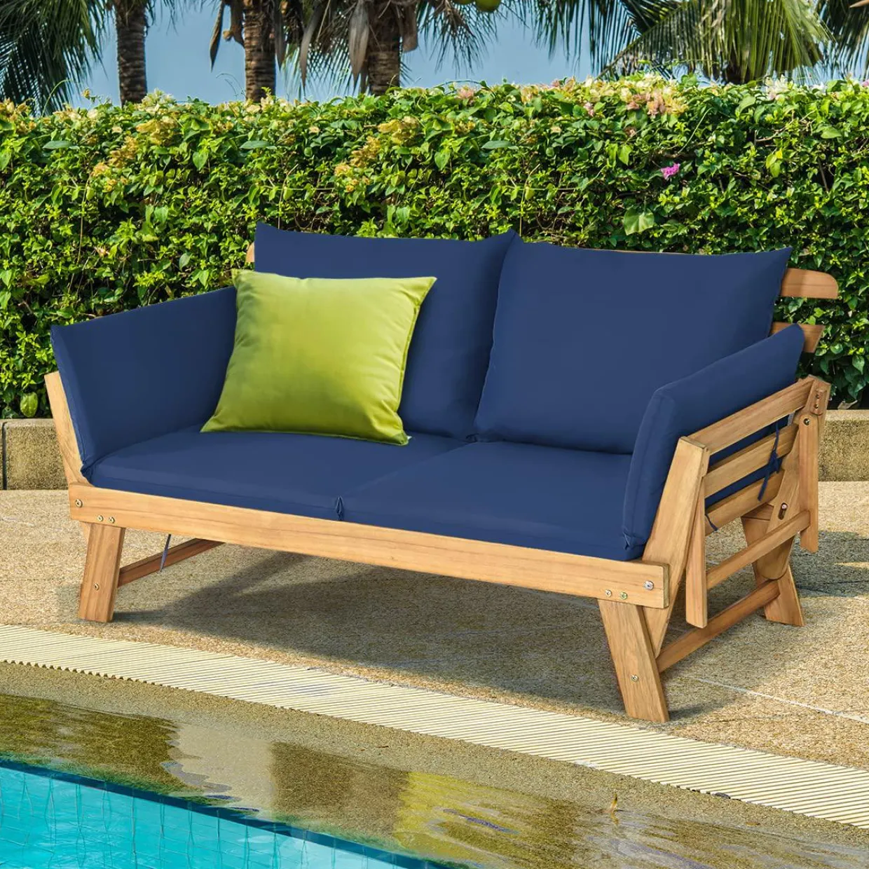 Tangkula Acacia Wood Patio Convertible Couch Sofa Bed with Adjustable Armrest