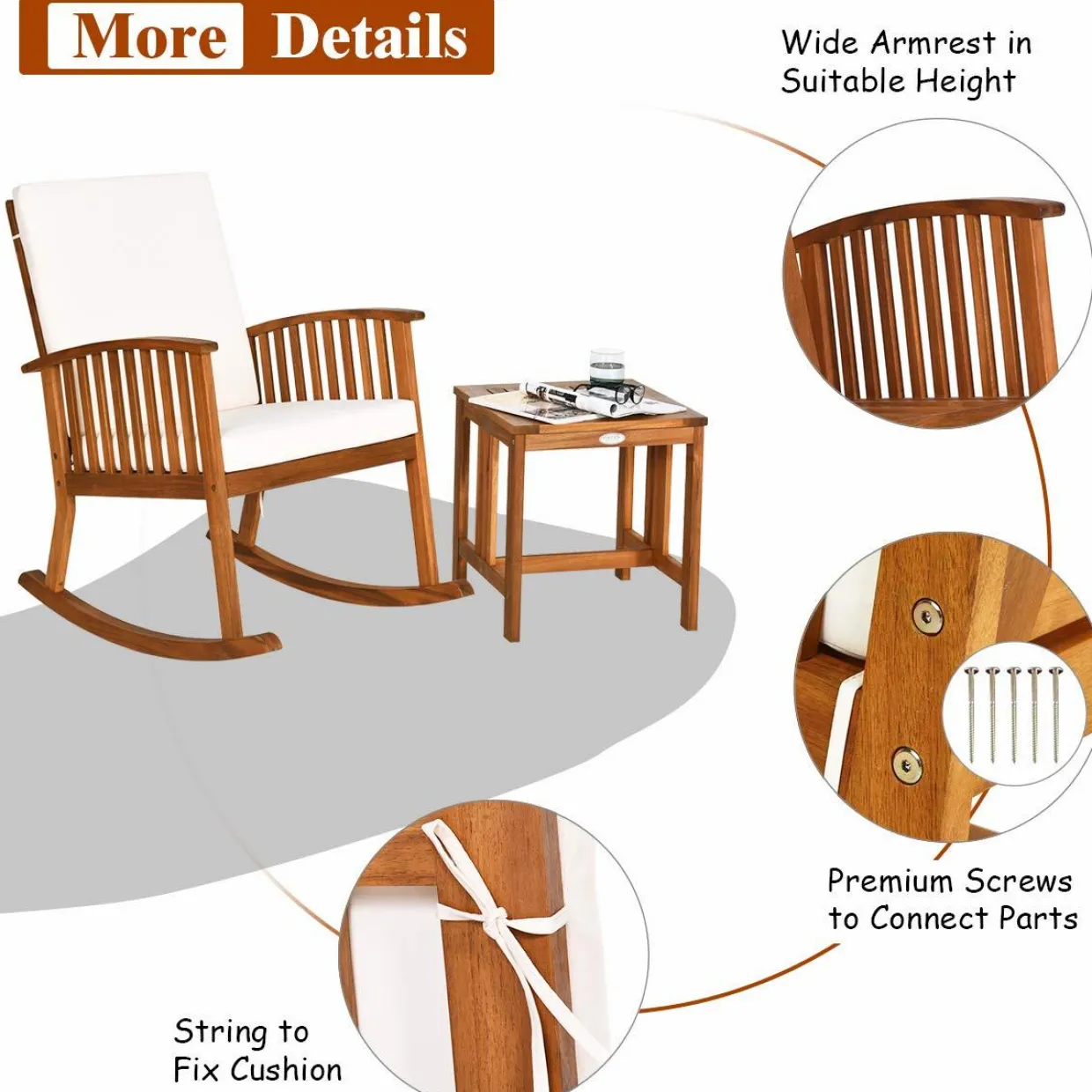Tangkula Acacia Wood Patio Bistro Set, Outdoor Rocking Chair with Table