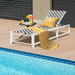 Tangkula Adjustable Patio Lounge Chair with Wheels, Outdoor Chaise Lounge with Breathable Fabric and Sturdy Metal Frame