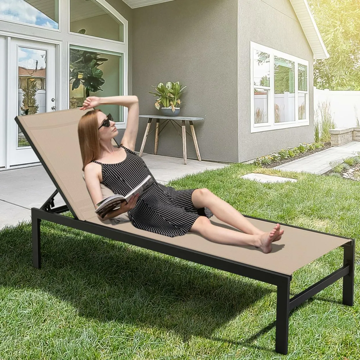 Tangkula Aluminum Patio Chaise Lounge, Outdoor Adjustable Lounge Chair with 6-Position Backrest