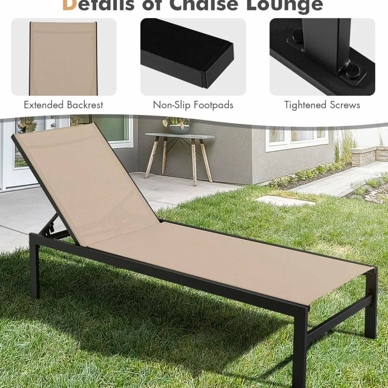 Tangkula Aluminum Patio Chaise Lounge, Outdoor Adjustable Lounge Chair with 6-Position Backrest