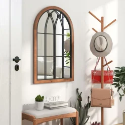 Tangkula Arched Window Mirror, Window Frame Decor Wall Mounted Mirror with Back Board, 24