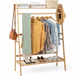 Tangkula Bamboo Clothing Rack with Storage Shelves