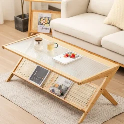 Tangkula Bamboo Coffee Table, Modern Accent Center Table w/Tempered Glass Tabletop & Rattan Open Book Shelf