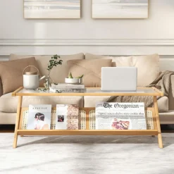 Tangkula Bamboo Coffee Table, Modern Accent Center Table w/Tempered Glass Tabletop & Rattan Open Book Shelf