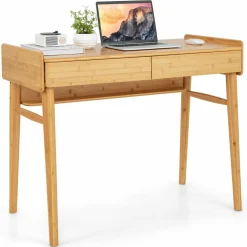 Tangkula Bamboo Computer Desk with 2 Storage Drawers