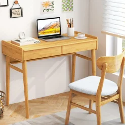 Tangkula Bamboo Computer Desk with 2 Storage Drawers