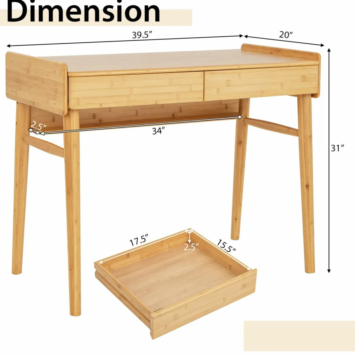 Tangkula Bamboo Computer Desk with 2 Storage Drawers