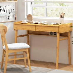 Tangkula Bamboo Computer Desk with 2 Storage Drawers