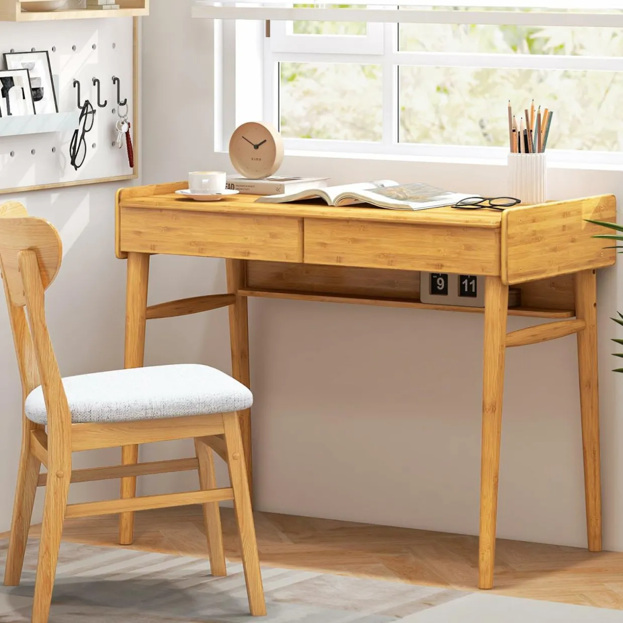 Tangkula Bamboo Computer Desk with 2 Storage Drawers