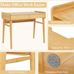 Tangkula Bamboo Computer Desk with 2 Storage Drawers