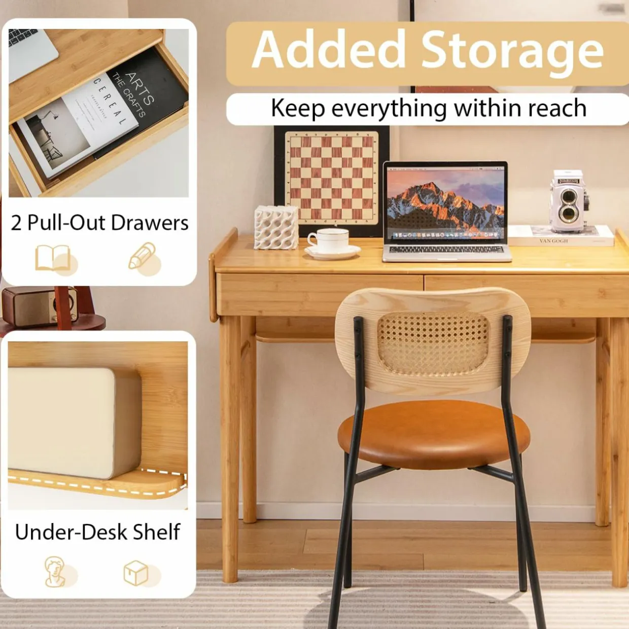 Tangkula Bamboo Computer Desk with 2 Storage Drawers
