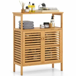Tangkula Bamboo Floor Cabinet, Freestanding Bathroom Storage Cabinet with Double Slatted Doors
